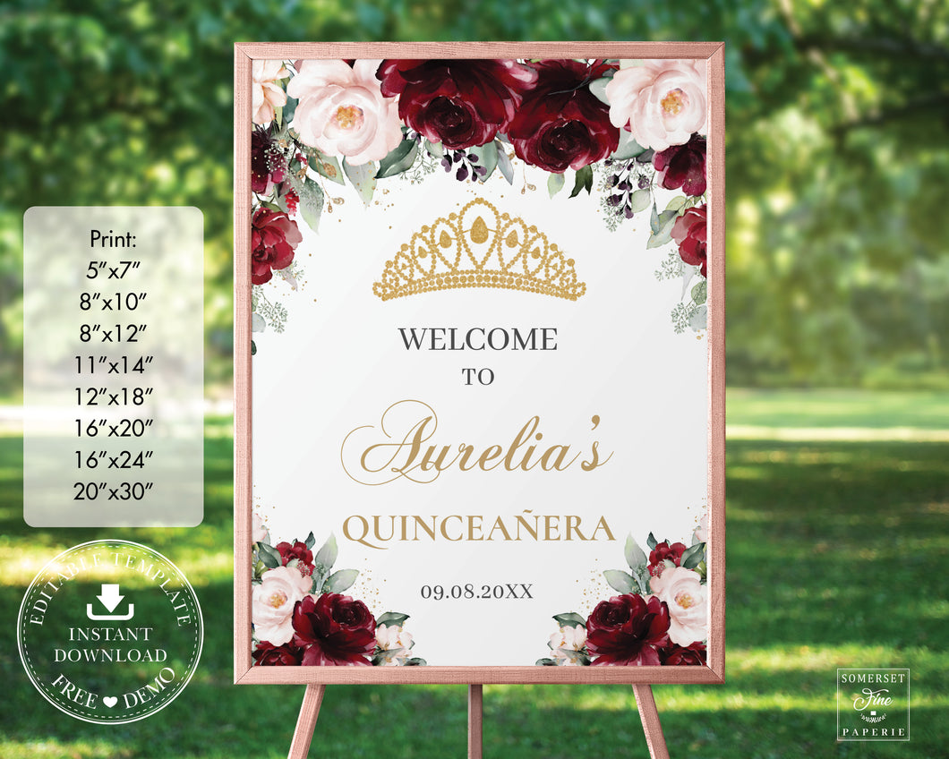 Burgundy Blush Floral Quinceañera 15 Anos Mis Quince Welcome Sign, EDITABLE TEMPLATE, Instant Download Digital Printable File QC1