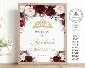 Burgundy Blush Floral Quinceañera 15 Anos Mis Quince Welcome Sign, EDITABLE TEMPLATE, Instant Download Digital Printable File QC1
