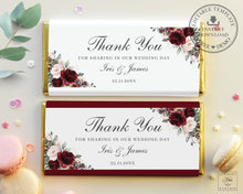 Load image into Gallery viewer, Rustic Burgundy Blush Pink Floral Chocolate Bar Wrapper Aldi Hershey&#39;s - Wedding Bridal Shower Editable Template - Instant Download - RB1
