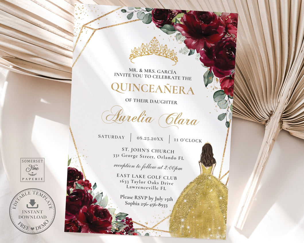 Rich Burgundy Roses Floral Gold Dress Quinceañera Invitation INSTANT DOWNLOAD, Mis Quince 15 Anos Birthday Editable Template Printable, QC23