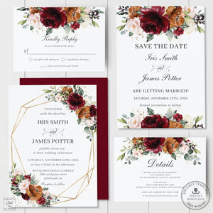 Chic Burgundy Rust Burnt Orange Blush Floral Wedding Invitation Bundle Set - Editable Template - Digital Printable File - Instant Download - RB3