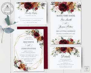 Chic Burgundy Rust Burnt Orange Blush Floral Wedding Invitation Bundle Set - Editable Template - Digital Printable File - Instant Download - RB3