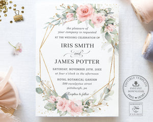 Elegant Chic Soft Blush Pink Floral Greenery Wedding Invitation Printable EDITABLE TEMPLATE Bridal Baby Birthday Gold Geometric INSTANT Download BP1