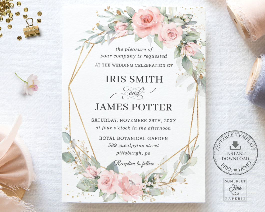 Elegant Chic Soft Blush Pink Floral Greenery Wedding Invitation Printable EDITABLE TEMPLATE Bridal Baby Birthday Gold Geometric INSTANT Download BP1