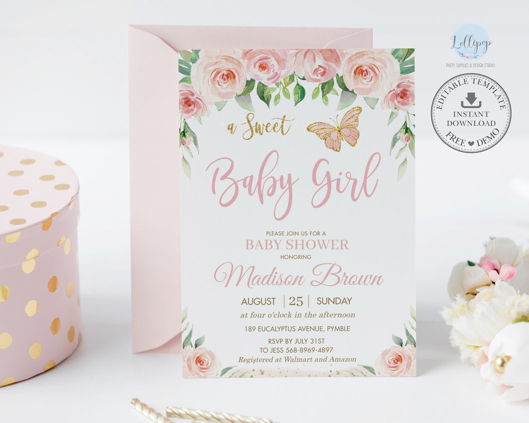 Chic Pink Floral Butterfly Sweet Baby Girl Baby Shower Invitation Editable Template - Instant Download - Digital Printable File