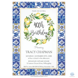 Chic Lemon Mediterranean Mosaic Tiles 40th Birthday Personalised Invitation