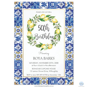 Chic Lemon Mediterranean Mosaic Tiles 50th Birthday Personalised Invitation