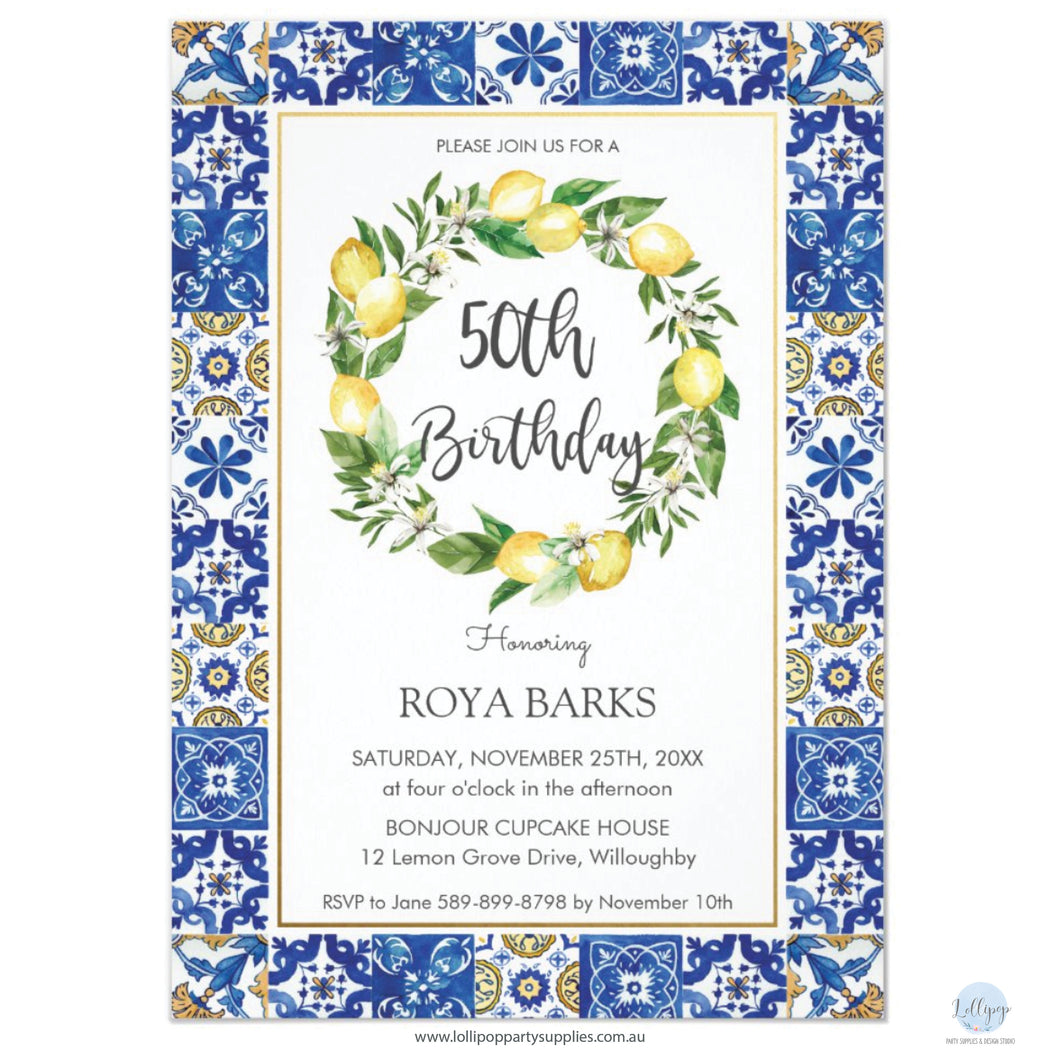 Chic Lemon Mediterranean Mosaic Tiles 50th Birthday Personalised Invitation