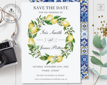 Load image into Gallery viewer, Chic Lemon Mediterranean Floral Mosaic Tiles Save the Date Card - Editable Template - Digital Printable File - Instant Download - LM1
