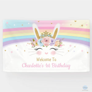 Rainbow Bunny Rabbit Birthday Baby Shower Personalised Backdrop Welcome Banner