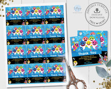 Load image into Gallery viewer, Baby Shark Family Blue Square Thank You Favor Tags Stickers Editable Template - Digital Printable File - Instant Download - SF1
