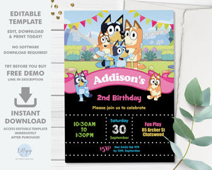 Cute Bluey Girl Pink 5"x7" Invitation Editable Template - Digital Printable File - Instant Download - BL2