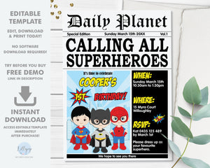 Boys Superhero Invitation Editable Template - Digital Printable File - Instant Download - HP1