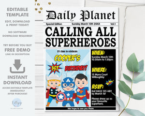 Boys Superhero Thor Captain America Superman Invitation Editable Template - Digital Printable File - Instant Download - HP1