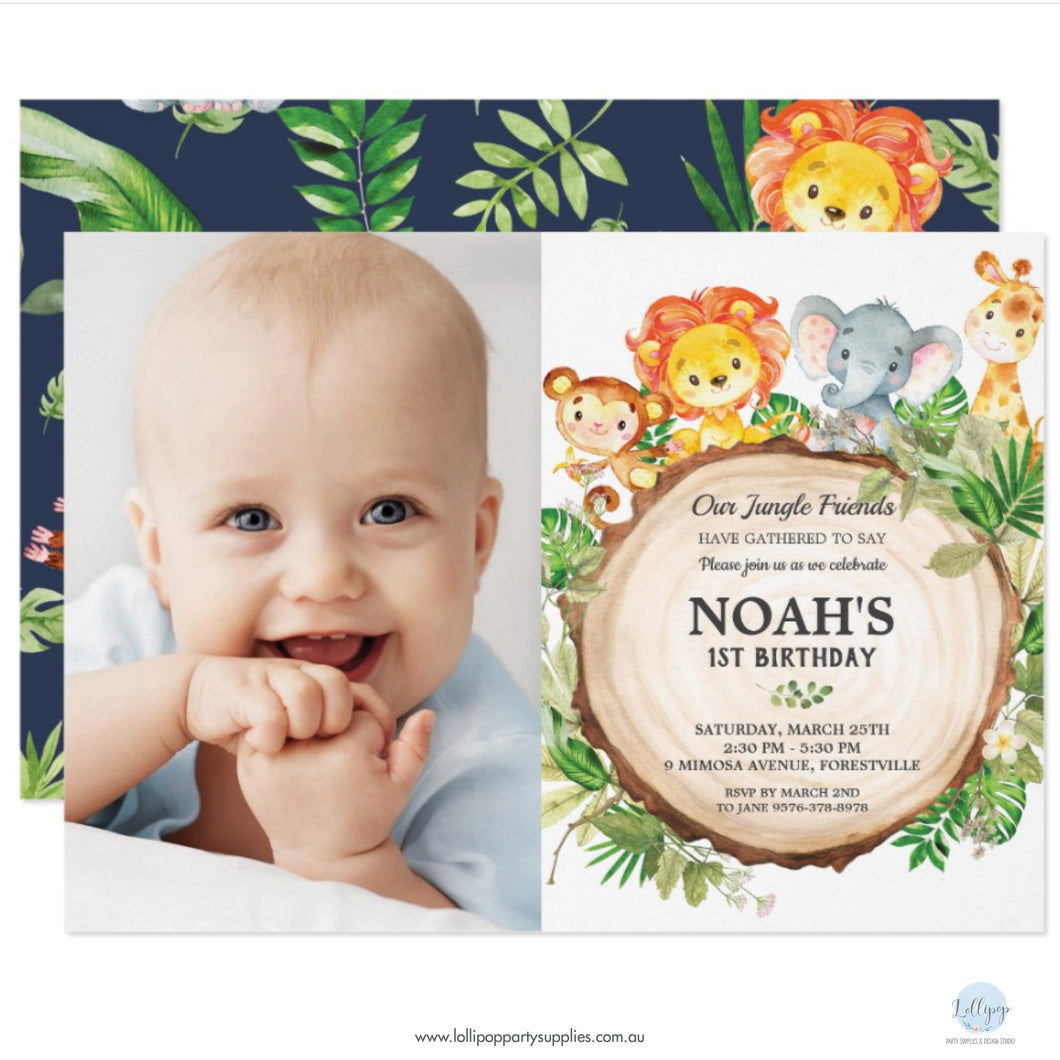 Cute Jungle Safari Animals Birthday Party Personalised Photo Invitations