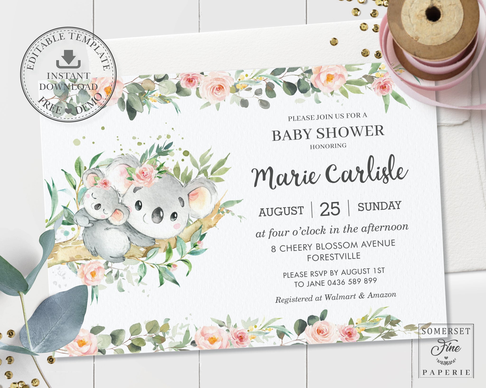 Blush Floral Greenery Mommy and Baby Koala Australian Animals Girl