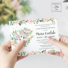 Load image into Gallery viewer, Twin Girls Koala Pink Floral Greenery Baby Shower Invitation Editable Template - Instant Download - Digital Printable File - AU1
