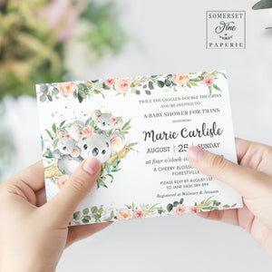 Twin Girls Koala Pink Floral Greenery Baby Shower Invitation Editable Template - Instant Download - Digital Printable File - AU1