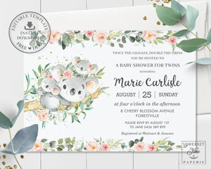 Twin Girls Koala Pink Floral Greenery Baby Shower Invitation Editable Template - Instant Download - Digital Printable File - AU1