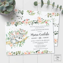 Load image into Gallery viewer, Twin Girls Koala Pink Floral Greenery Baby Shower Invitation Editable Template - Instant Download - Digital Printable File - AU1
