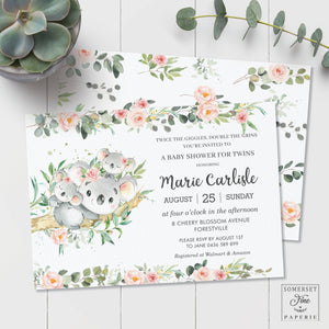 Twin Girls Koala Pink Floral Greenery Baby Shower Invitation Editable Template - Instant Download - Digital Printable File - AU1