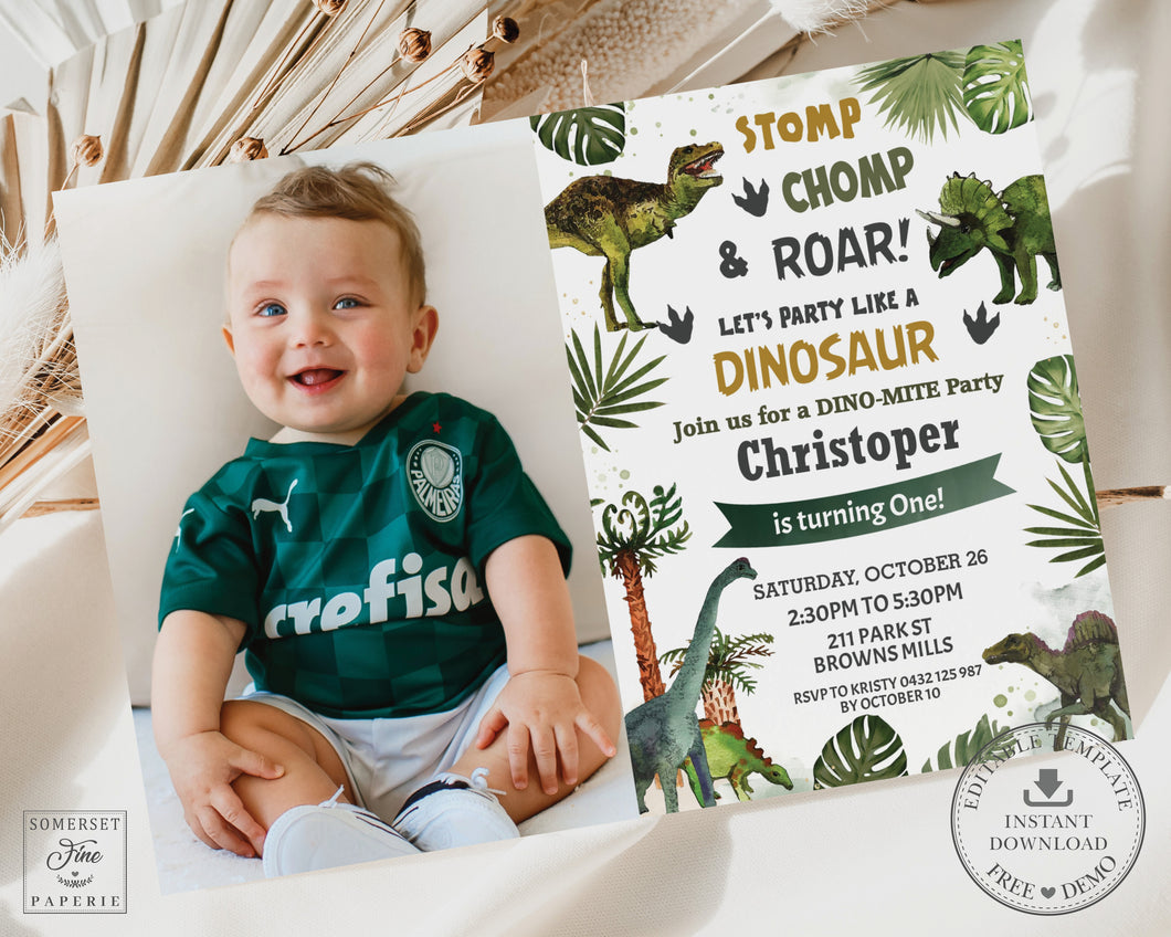 Dinosaurs Jurassic Greenery Birthday Photo Picture Invitation EDITABLE TEMPLATE Digital Printable File Instant Download