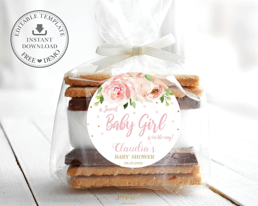 Chic Blush Pink Floral Baby Shower 2 Inches Circle Round Label - Editable Template - Digital Printable File - Instant Download - BL1