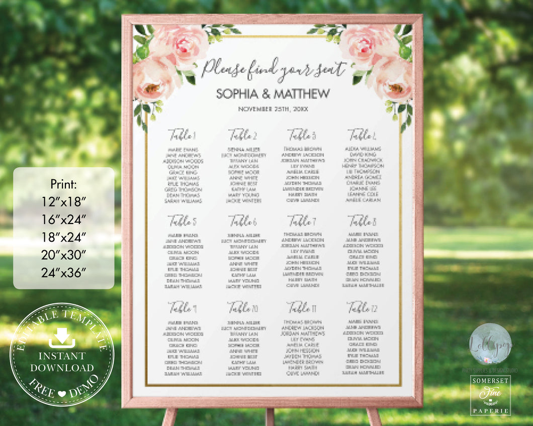Blush Pink Floral Wedding Seating Chart Editable Template - Digital Printable File - Instant Download - BL1