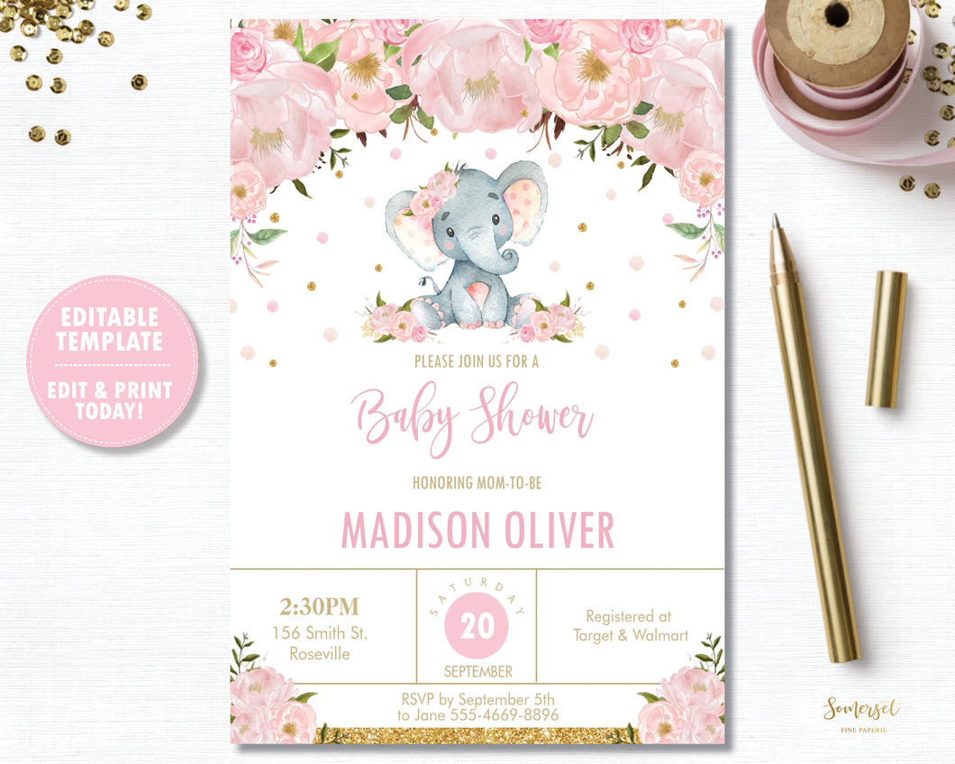 Pink Blush Floral Elephant Baby Shower Invitation Editable Template - Digital File - Instant Download - EP5
