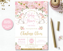 Load image into Gallery viewer, Twin Girls Elephant Baby Shower Personalised Invitation Editable Template - Digital Printable File - Instant Download - EP1
