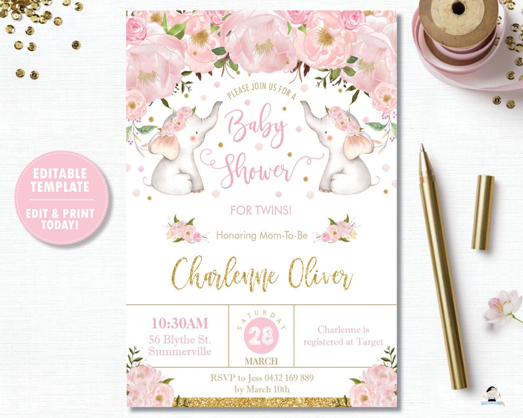 Twin Girls Elephant Baby Shower Personalised Invitation Editable Template - Digital Printable File - Instant Download - EP1