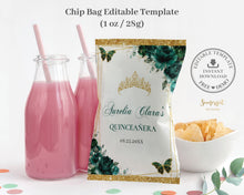 Load image into Gallery viewer, Chip Bag EDITABLE TEMPLATE Emerald Green Floral Butterflies Quinceañera Mis Quince 15 Anos Birthday Favor Instant Download PDF Printable QC9
