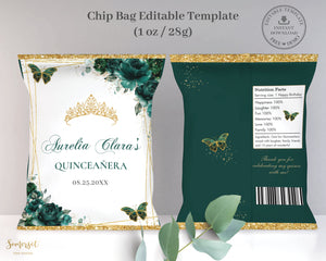 Chip Bag EDITABLE TEMPLATE Emerald Green Floral Butterflies Quinceañera Mis Quince 15 Anos Birthday Favor Instant Download PDF Printable QC9