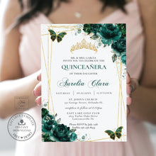 Load image into Gallery viewer, Emerald Green Floral Butterflies Quinceañera Invitation EDITABLE TEMPLATE, Mis Quince 15 Anos Birthday Instant Download PDF Printable, QC9
