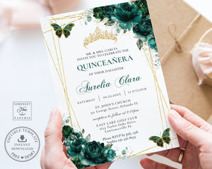 Emerald Green Floral Butterflies Quinceañera Invitation EDITABLE TEMPLATE, Mis Quince 15 Anos Birthday Instant Download PDF Printable, QC9