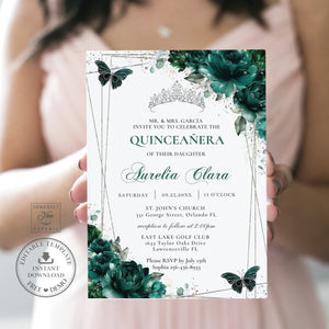 Chic Emerald Green Floral Silver Butterflies Princess Tiara Quinceañera Invitation EDITABLE TEMPLATE Mis Quince 15 Anos Sweet 16 Birthday Invite Printable QC9