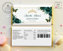 Load image into Gallery viewer, Emerald Green Floral Butterflies Crown Chocolate Bar Wrapper, EDITABLE TEMPLATE, Quinceanera Birthday Aldi Hershey&#39;s Candy Labels Printable, QC9
