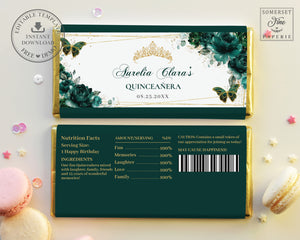 Emerald Green Floral Butterflies Crown Chocolate Bar Wrapper, EDITABLE TEMPLATE, Quinceanera Birthday Aldi Hershey's Candy Labels Printable, QC9