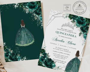 Chic Emerald Green Floral Silver Princess Tiara Quinceañera Invitation EDITABLE TEMPLATE Mis Quince 15 Anos Sweet 16 Birthday Invite Printable QC9