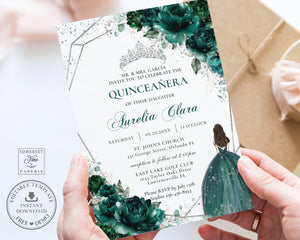 Chic Emerald Green Floral Silver Princess Tiara Quinceañera Invitation EDITABLE TEMPLATE Mis Quince 15 Anos Sweet 16 Birthday Invite Printable QC9