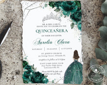 Load image into Gallery viewer, Chic Emerald Green Floral Silver Princess Tiara Quinceañera Invitation EDITABLE TEMPLATE Mis Quince 15 Anos Sweet 16 Birthday Invite Printable QC9
