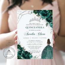 Load image into Gallery viewer, Chic Emerald Green Floral Silver Princess Tiara Quinceañera Invitation EDITABLE TEMPLATE Mis Quince 15 Anos Sweet 16 Birthday Invite Printable QC9
