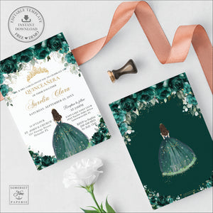 Emerald Green Floral Quinceañera Quince Invitation INSTANT DOWNLOAD, Mis Quince 15 Anos Sweet 16 Birthday Invite Editable Template Printable, QC9