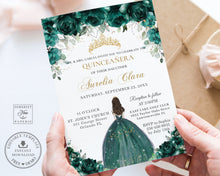 Load image into Gallery viewer, Emerald Green Floral Quinceañera Invitation INSTANT DOWNLOAD, Mis Quince 15 Anos Sweet 16 Birthday Invite Editable Template Printable, QC9
