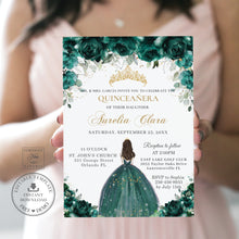 Load image into Gallery viewer, Emerald Green Floral Quinceañera Invitation INSTANT DOWNLOAD, Mis Quince 15 Anos Sweet 16 Birthday Invite Editable Template Printable, QC9
