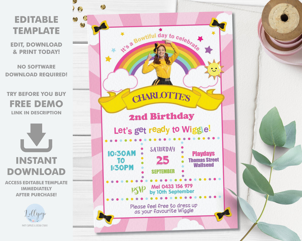 Emma Bow The Wiggles Photo Invitation Editable Template - Digital Printable File - Instant Download - WG1