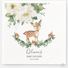 Load image into Gallery viewer, Rustic Ivory Floral Deer Baby Shower Personalised Cocktail Paper Napkins Pack of 50
