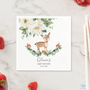 Rustic Ivory Floral Deer Baby Shower Personalised Cocktail Paper Napkins Pack of 50