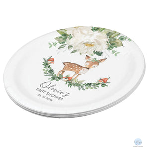 Rustic Ivory Floral Deer Baby Shower Personalised 7" Dessert Paper Plates 8pk