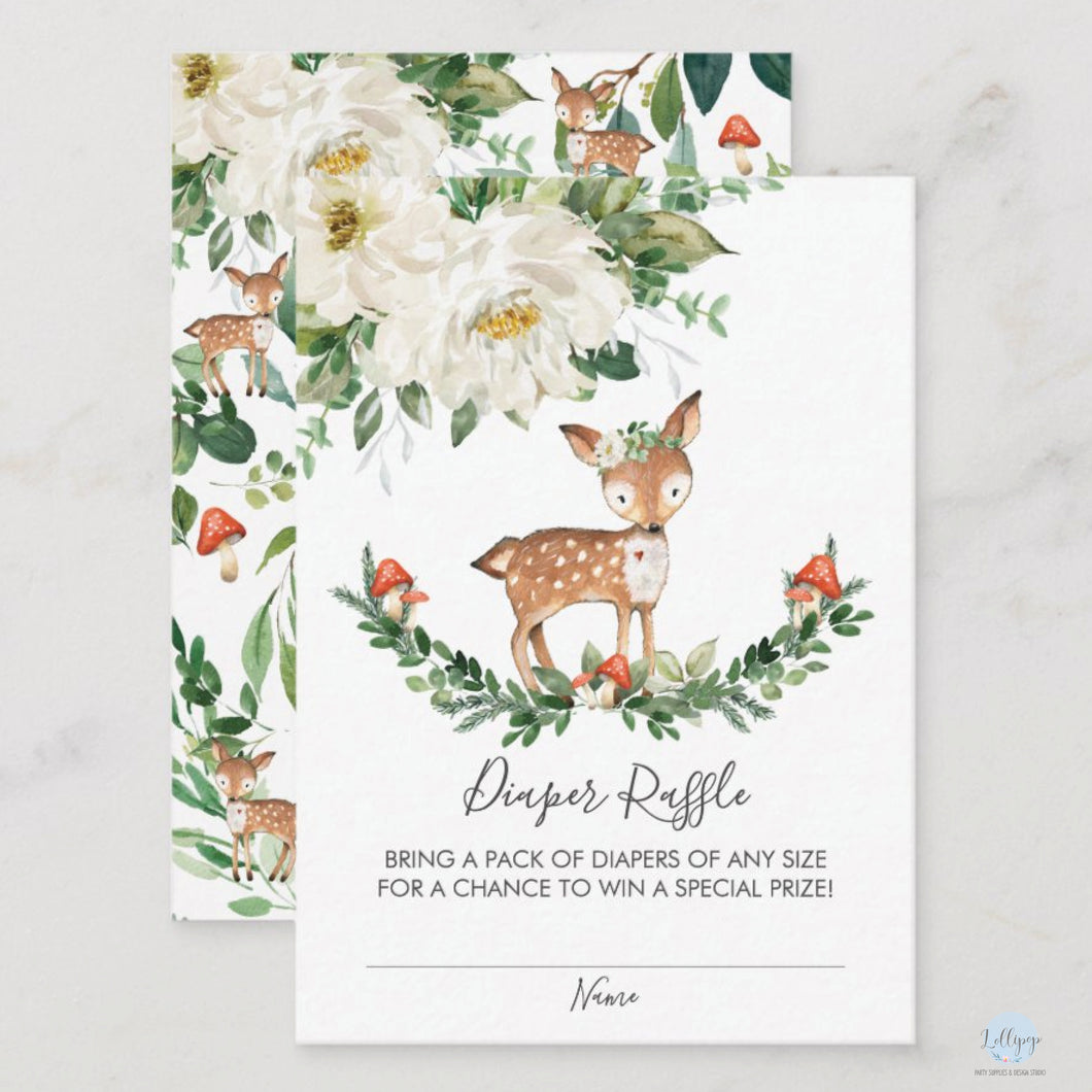 Whimsical Ivory Floral Deer Baby Girl Shower Diaper Raffle Ticket Inserts 100pk